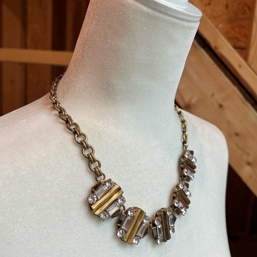 J CREW Gold Tone Disks Rhinestones Statement Necklace Round stones emerald Cut